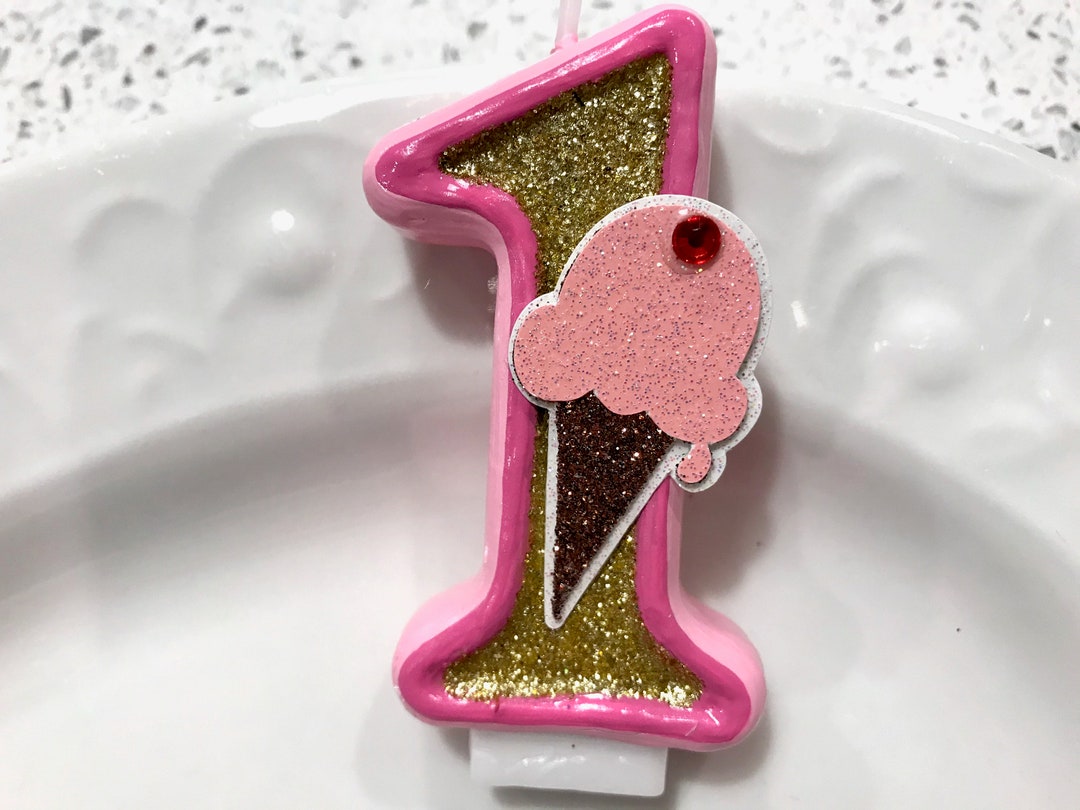 BIRTHDAY CANDLE, Ice Cream Party, First Birthday, Pink, Gold, Cake Topper, I Am One, Candle