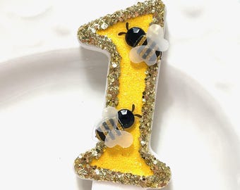Bumble Bee First Birthday Candle, Glitter Number One Cake Topper