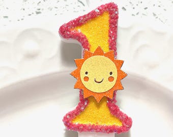 Sunshine First Birthday Candle, Glitter Cake Topper