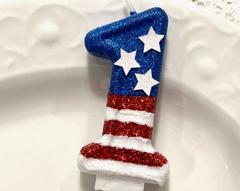 BIRTHDAY CANDLE, first birthday, All Star theme, cake topper, i am one, red white blue, nautical, Americana, Fourth of July