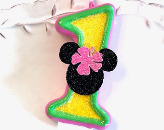 BIRTHDAY CANDLE, Minnie Mouse, first birthday, pink and yellow, cake topper, i am one, candle, Hawaiian Minnie, tropical, hibiscus