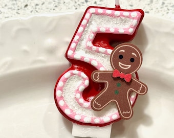 BIRTHDAY CANDLE, first birthday, gingerbread theme, cake topper, i am one, Christmas  birthday, red glitter, gingerbread birthday