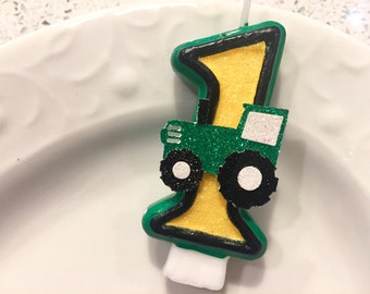 BIRTHDAY CANDLE, first birthday, John Deere inspired, tractor cake topper, i am one, green yellow black, farm birthday, tractor birthday