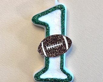 Football Birthday Number Candle, Glitter Cake Topper, Sports Theme