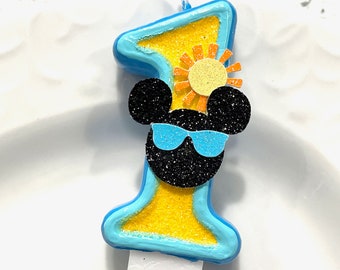 BIRTHDAY CANDLE, Mickey Mouse, first birthday, summer mickey, cake topper, beach, candle, baby mickey, sunglasses, sun, beach, pool