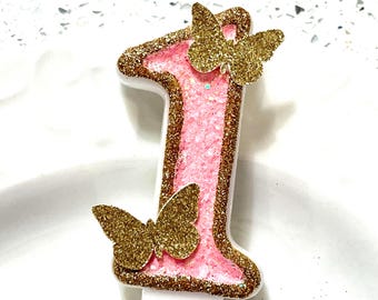 Butterfly First Birthday Candle, Pink Gold Glitter Cake Topper