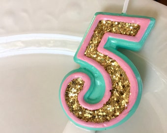 BIRTHDAY CANDLE, first birthday, mint pink and gold, cake topper, i am one, i am five, smash cake photo prop, birthday, unicorn birthday