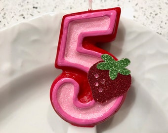 BIRTHDAY CANDLE, Strawberry, first birthday, red pink, cake topper, i am one, candle, baby, strawberry shortcake, berry, garden party