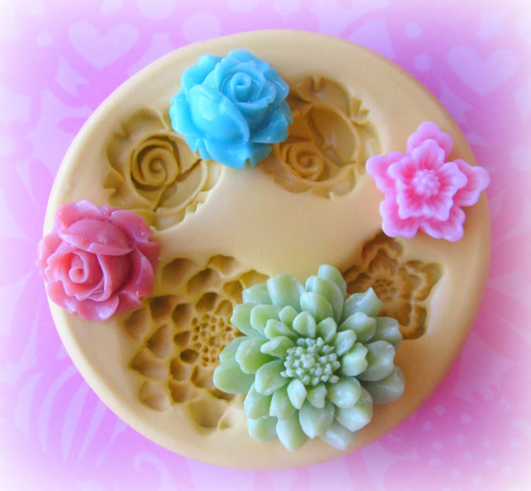 Small Flower Cabochon Molds Rose Succulent Chocolate PMC Fondant Clay