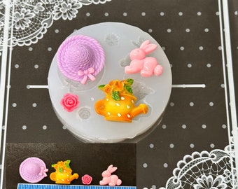 Easter Garden Mold Bunny Rose Watering Can Polymer Clay Resin Fondant PMC Chocolate Baking