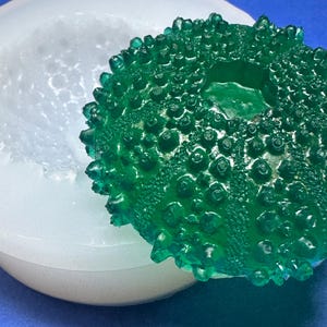 May include: A green, textured, round mold with a hole in the center. The mold is sitting on top of a white, round silicone mold.