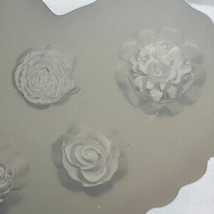 May include: A close-up shot of a clear, flexible mold with four raised floral designs. The flowers are white and appear to be roses. The mold has a wavy edge and is set against a white background.