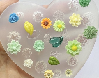 Tiny Flower Molds Polymer Clay Molds Heart Tiny Rose Leaf Mold Heart Daisy Flower Cabochon Polymer Clay Resin Chocolate Fondant Soap Wax