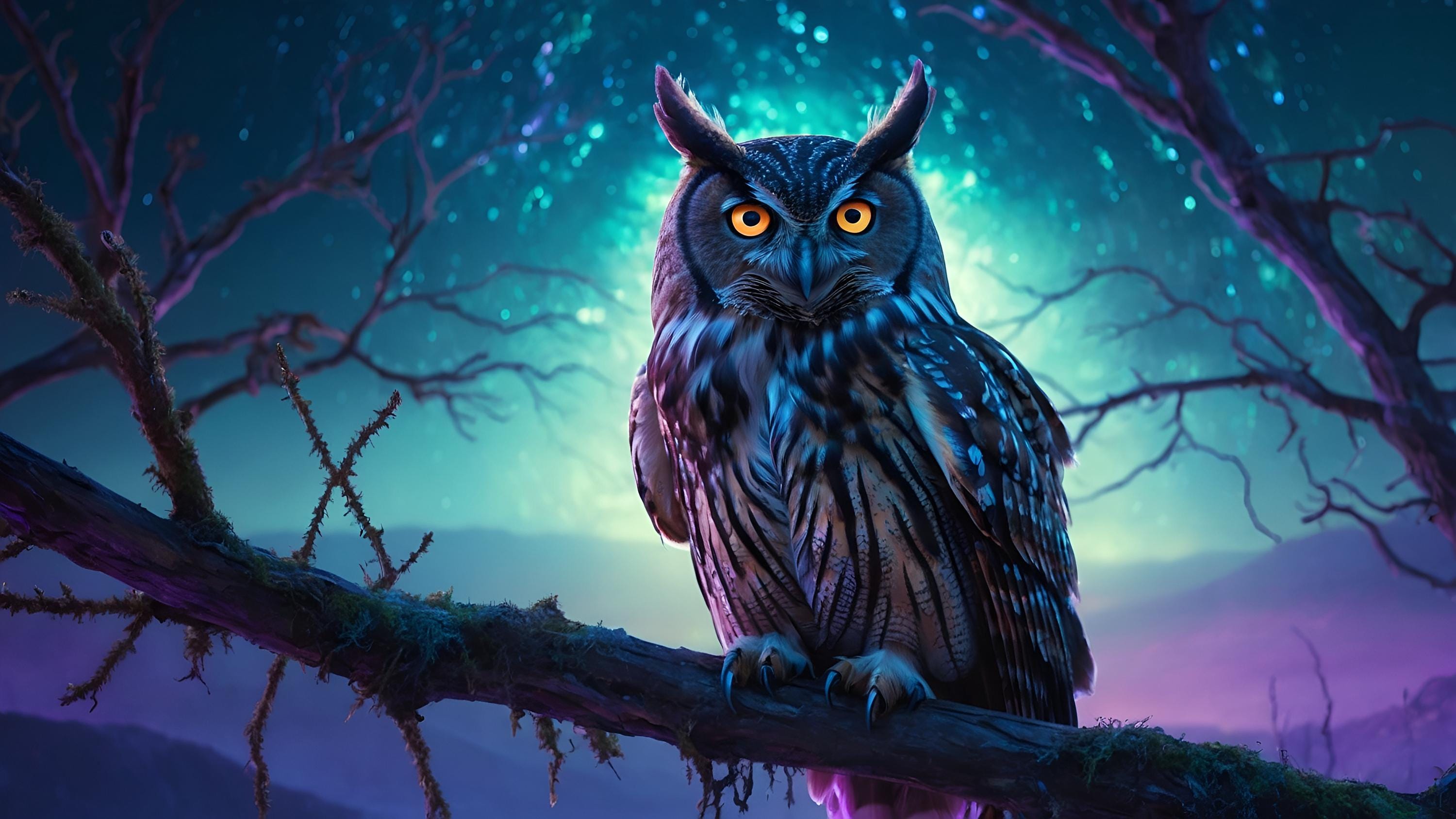 Cyber Spirit Owl – Mystical Aurora Guardian Wall Art, Digital Fantasy Animal Poster
