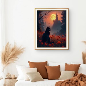 Black Cat Under Full Moon | Gothic Castle Wall Art, Halloween Fantasy Print, Mystical Cat Poster for Cozy Fall Decor
