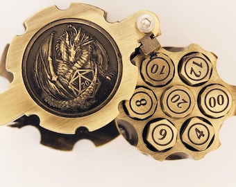 Ancient Brass Bullet Dice Set with Revolver Case Metal D&D Dice Spinning Hex Chamber RPG Dice Gift Fidget Toy Steampunk Gifts Collectable