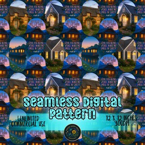 May include: Seamless digital pattern featuring repeating oval designs with houses, water, and text. The text includes phrases like "For You Alone, Lord, Make Me Dwell in Safety" and "An Peace I Will Lay Down and Sleep." The pattern is 12 x 12 inches.