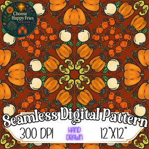 Könnte beinhalten: Ein nahtloses digitales Muster mit orangefarbenen Kürbissen und weißen Kürbissen auf einem dunkelroten Hintergrund. Das Design enthält den Text „Seamless Digital Pattern“, „300 DPI“, „Hand Drawn“ und „30,48 cm x 30,48 cm“.
