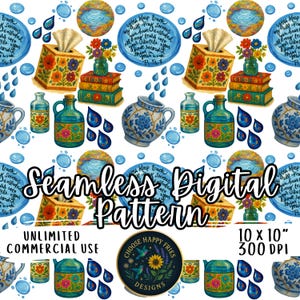 May include: Seamless digital pattern featuring watercolor illustrations of tissue boxes, books, vases with flowers, bottles, and teapots. The design includes text and a circular logo with a hummingbird and sunflower. The pattern is in shades of blue, orange, and green.