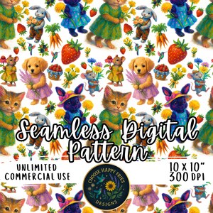 May include: A seamless digital pattern featuring whimsical illustrations of kittens, puppies, bunnies, and mice in dresses and hats, holding flowers and carrots. The design includes strawberries, hummingbirds, and the text "Seamless Digital Pattern".