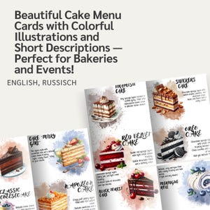 Menükarten zum Ausdrucken mit Illustrationen | Kuchen-Namenskarten | Bäckerei und Dessert-Tisch | Dekor Bäckerei Menü Druckbare | Event-Dekoration