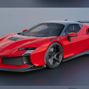 Pode incluir: Um carro desportivo vermelho com teto, spoiler e rodas pretas. O carro tem um design elegante com elementos aerodinâmicos, incluindo entradas de ar e um divisor frontal. O veículo está sobre uma superfície cinzenta.