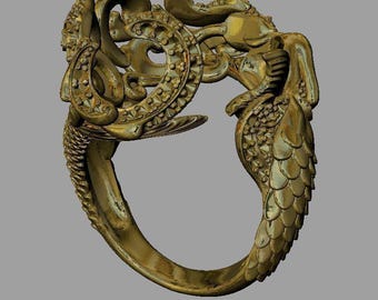 Può includere: Un anello dorato dal design ornato. L'anello presenta dettagli intricati, tra cui un elemento circolare con piccoli punti e motivi floreali. La fascia ha un aspetto strutturato e il design ricorda una creatura mitica.