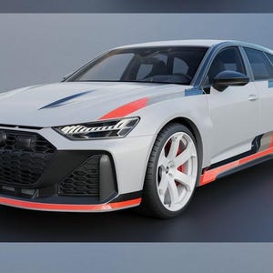 May include: A white sports car with black accents and red and blue stripes. The car has a black grill, white wheels, and a red trim along the bottom. The car is a modern, sleek design.