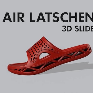 Könnte beinhalten: Rote 3D-Slidesandalen mit perforiertem Oberteil. Die Sandalen haben eine strukturierte Sohle und die Wörter "AIR LATSCHEN" und "3D SLIDE" sind in Schwarz gedruckt.