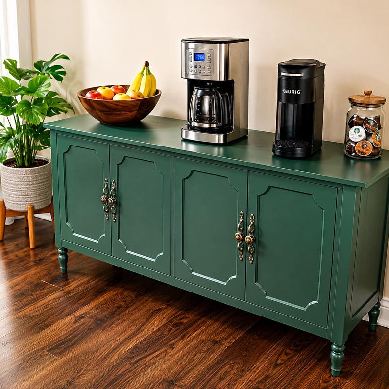 May include: A dark green cabinet with four doors, ornate handles, and a wooden countertop. A stainless steel coffee maker, a black coffee maker, and a glass jar of coffee pods sit on top. A wooden bowl of fruit is also present.
