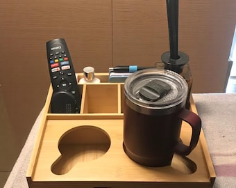 Couch Caddy,Bamboo Couch Cup Holder Tray with 6 to 7 Compartments, Sofa and Bed Organizer for Drinks