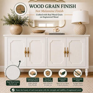 May include: A white cabinet with four doors and gold hardware. The cabinet has a wood grain finish and is crafted with real wood grain on engineered wood. The text on the image says "WOOD GRAIN FINISH" and "Not Melamine Finish".