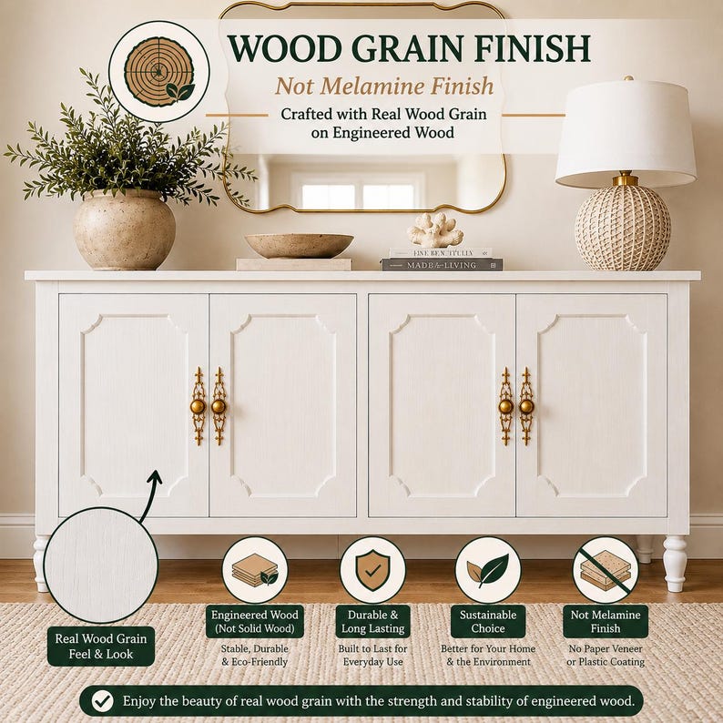 May include: A white cabinet with four doors and gold hardware. The cabinet has a wood grain finish and is crafted with real wood grain on engineered wood. The text on the image says "WOOD GRAIN FINISH" and "Not Melamine Finish".