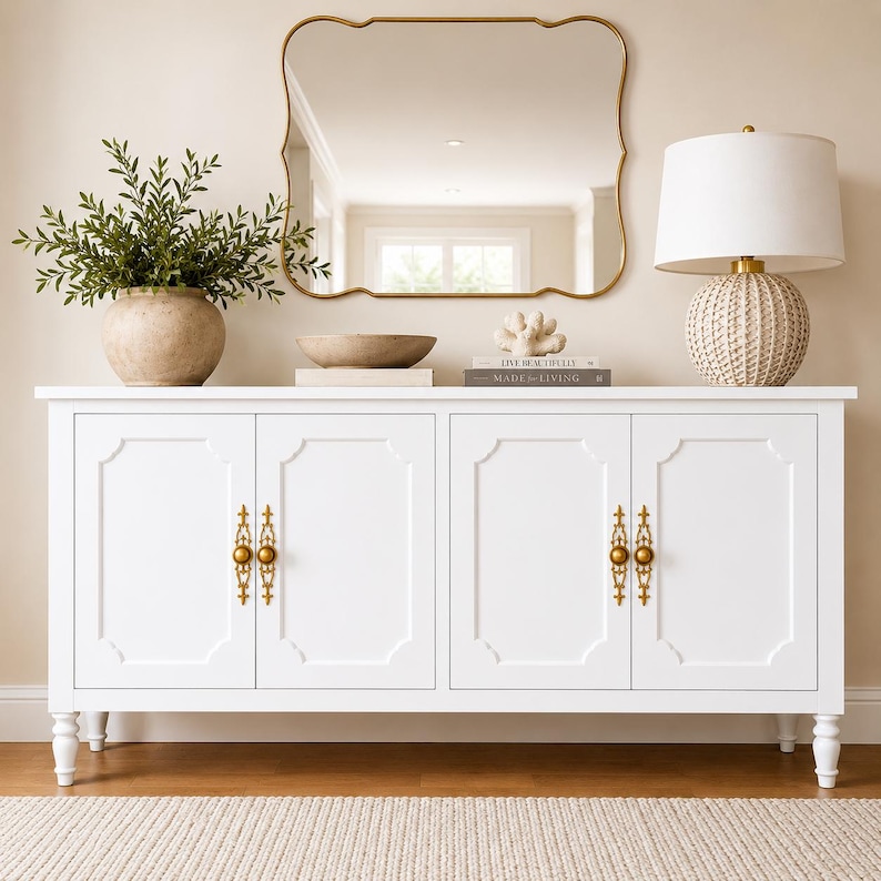 May include: A white cabinet with four doors and gold hardware. The cabinet is topped with a gold-framed mirror, a lamp, a vase with greenery, and decorative items. The cabinet has a classic design and is set against a neutral wall.