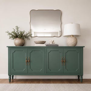 May include: A green four-door cabinet with brass hardware and decorative door panels. A gold-framed mirror hangs above the cabinet, which is decorated with a lamp, a vase of greenery, and other decorative items. The cabinet is on a light-colored rug.