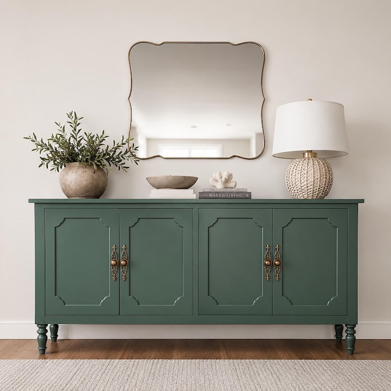 May include: A green four-door cabinet with brass hardware and decorative door panels. A gold-framed mirror hangs above the cabinet, which is decorated with a lamp, a vase of greenery, and other decorative items. The cabinet is on a light-colored rug.