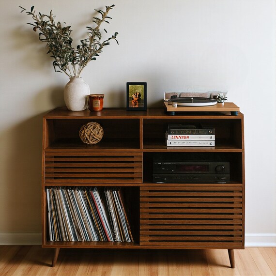 Record Player Stand, Mid-Century Turntable Stand with Doors and Charging Station Record Player Table Holds Up to 450 Albums Vinyl Storage