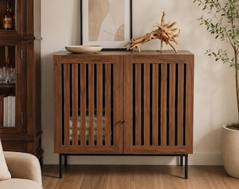 Aparador moderno con 2 puertas y base metálica / Mueble de almacenamiento para comedor