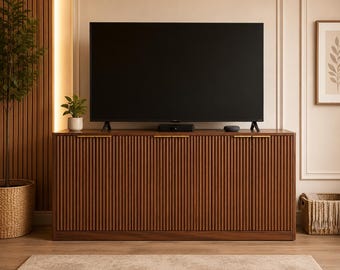 Fluted TV Stand Cabinet, Modern Wooden Entertainment Center, Mid Century Media Console