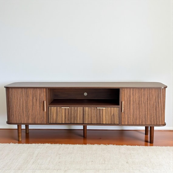 Fluted Wooden TV Stand, Mid-Century Modern Media Console