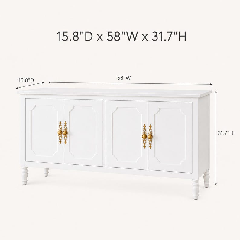 May include: White cabinet with four doors, gold hardware, and decorative molding. The cabinet is 58" wide, 31.7" high, and 15.8" deep. It has four decorative legs.