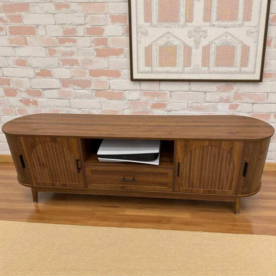 Wooden Fluted TV Stand, Mid-Century Modern Entertainment Center for Tvs up to 60" with Drawers and Fluted Doors, Curved TV Media Console