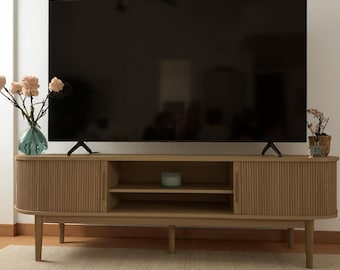 Fluted Wood TV Stand, Mid-Century Modern Media Console