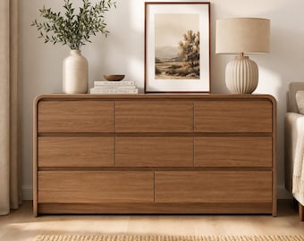 Cómoda de madera de estilo moderno de mediados de siglo con 8 cajones para dormitorio.