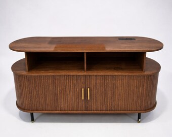 Mid-Century Modern Wooden Round Console Record Player Stand with Charging Station