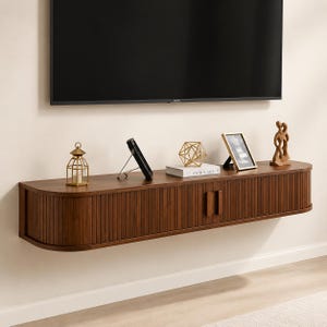 Floating TV Stand Wall Mounted Media Console, Modern Curved Cabinet with Sliding Door