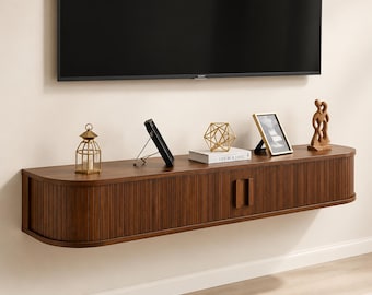 Floating TV Stand Wall Mounted Media Console, Modern Curved Cabinet with Sliding Door