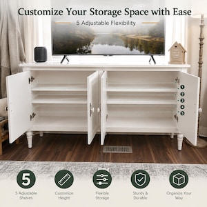 May include: A white storage cabinet with five adjustable shelves and doors open. The cabinet has a TV on top and text that reads "Customize Your Storage Space with Ease" and "5 Adjustable Flexibility". The cabinet also has icons for shelf adjustability, height customization, flexible storage, durability, and organization.