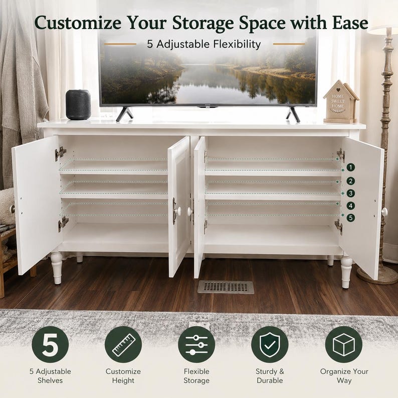 May include: A white storage cabinet with five adjustable shelves and doors open. The cabinet has a TV on top and text that reads "Customize Your Storage Space with Ease" and "5 Adjustable Flexibility". The cabinet also has icons for shelf adjustability, height customization, flexible storage, durability, and organization.