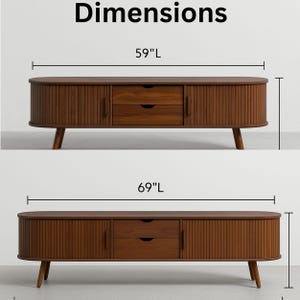 May include: Two brown wooden media consoles with the word "Dimensions" above. The top console is 59 inches long, and the bottom console is 69 inches long. Each console has two drawers and two doors.